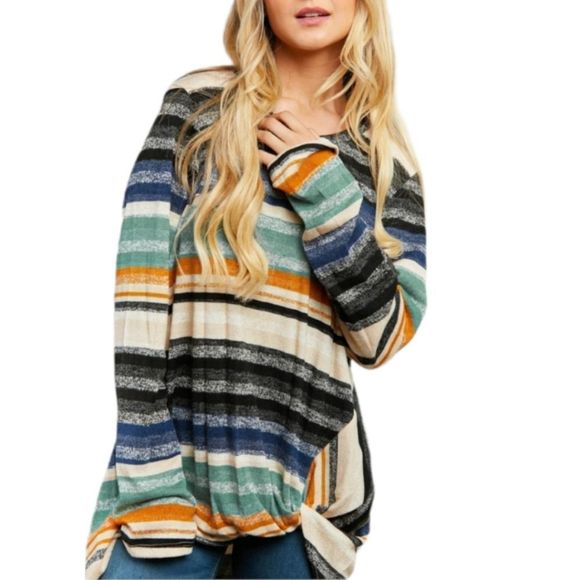 Multi Stripe Twist Hem Long Sleeve Blouse. Plus sizes 1X-3X - Picture 5 of 12
